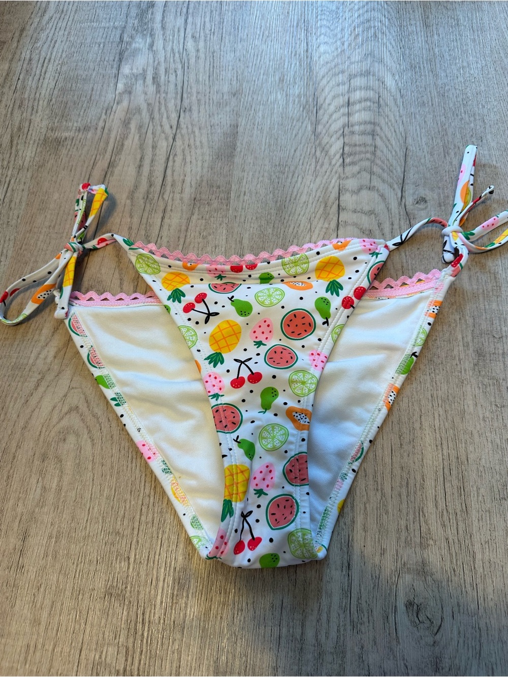 wild fable White Fruit-Print Tie-Side Bikini Bottoms with Pink Trim
